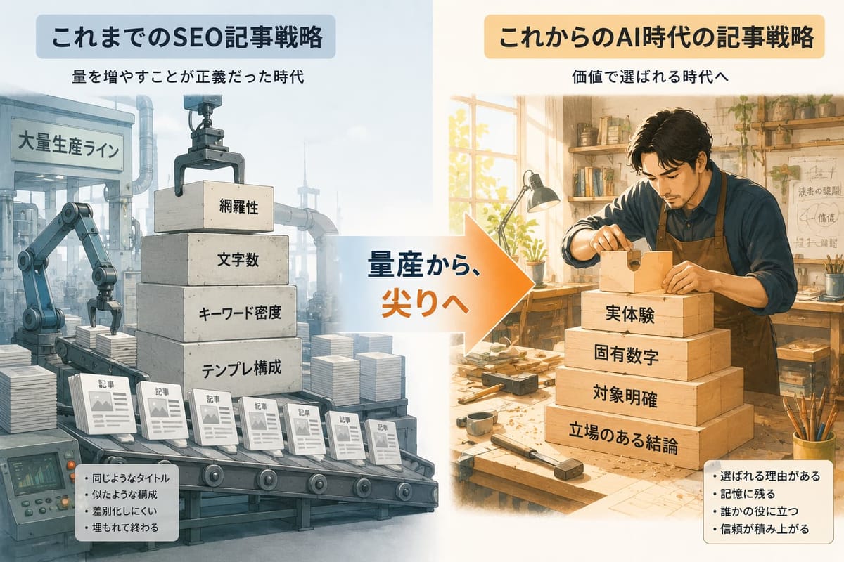 「これまでのSEO記事戦略」は網羅性・文字数・キーワード密度を積む大量生産、「これからのAI時代の記事戦略」は実体験・固有数字・対象明確・立場のある結論を職人が積む。「量産から、尖りへ」